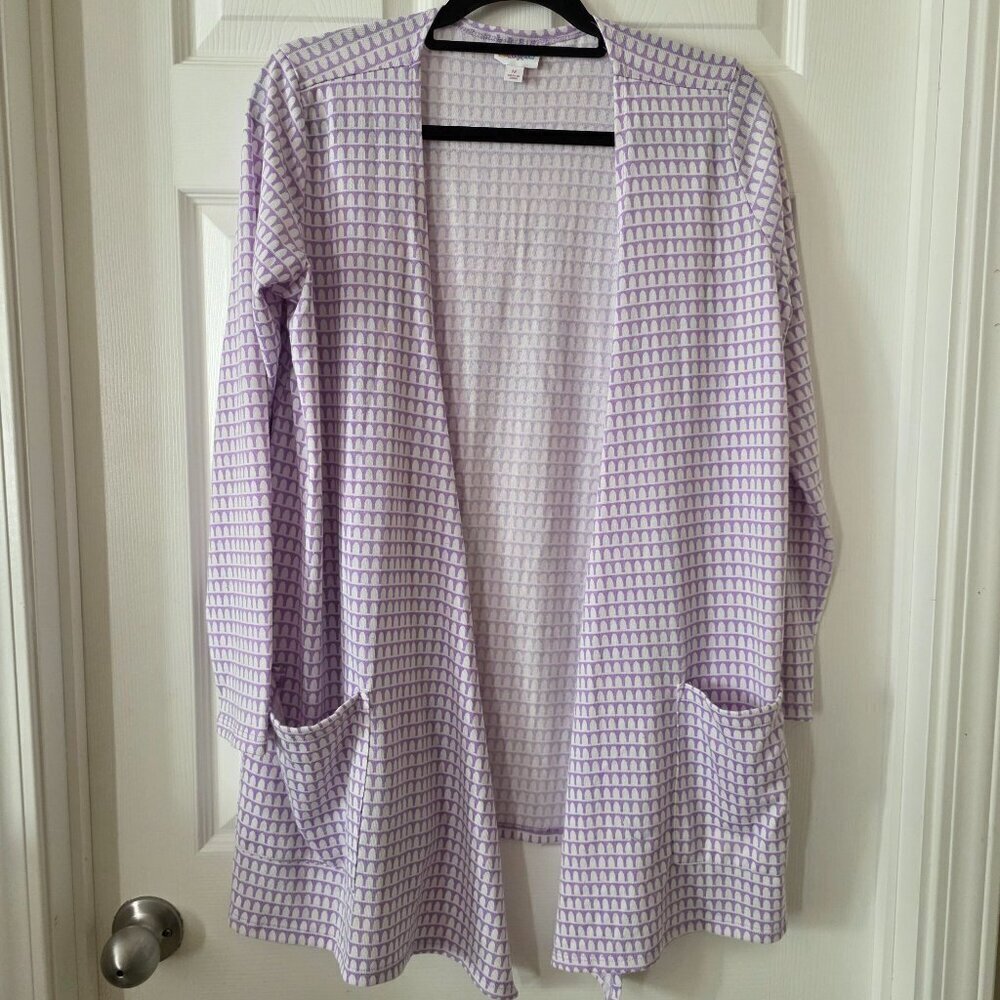 LuLaRoe Caroline Cardigan Purple & White Geometric with Pockets Medium